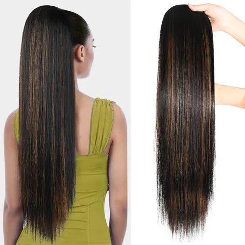 Vista 20 de SEIKEA Extensiones de cola de caballo con cordón, larga y recta, cola de caballo falsa, natural, suave, extensiones de cabello sintético resistente