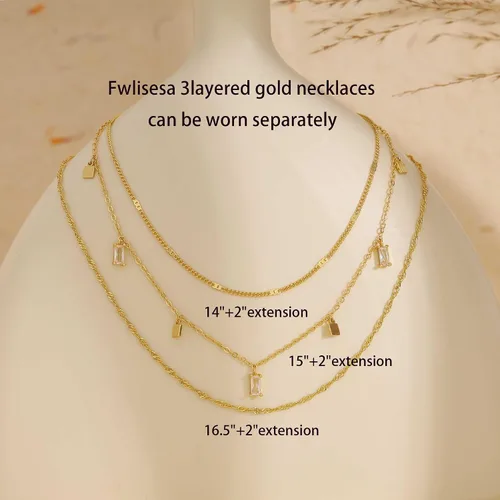 Vista 4 de Fwlisesa Collares en capas para mujer, conjunto de collares de oro delicado, collar de gargantilla chapado en oro de 14k, con circonita cúbica