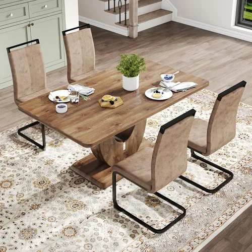 Vista 106 de JUFU Juego de mesa de comedor moderno para 4, juego de mesa de cocina rectangular de 63 pulgadas con mesa de mármol sintético y 4 sillas tapizadas