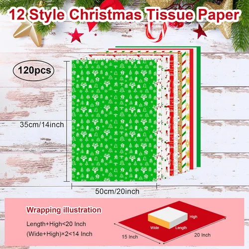 Vista 3 de AORZIT 120 hojas de papel de seda de Navidad, 12 diseños de papel de regalo con patrón de Navidad para bolsas de regalo, botellas de vino Navidad 90C