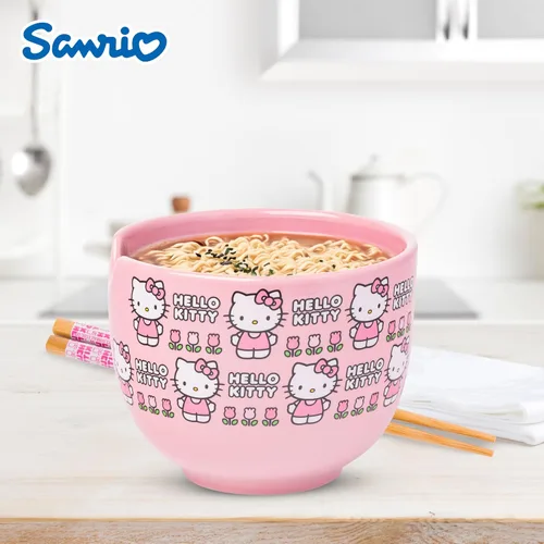 Vista 6 de Silver Buffalo Sanrio Hello Kitty Flowers, cuenco de ramen con palillos Patrón de flores de Hello Kitty