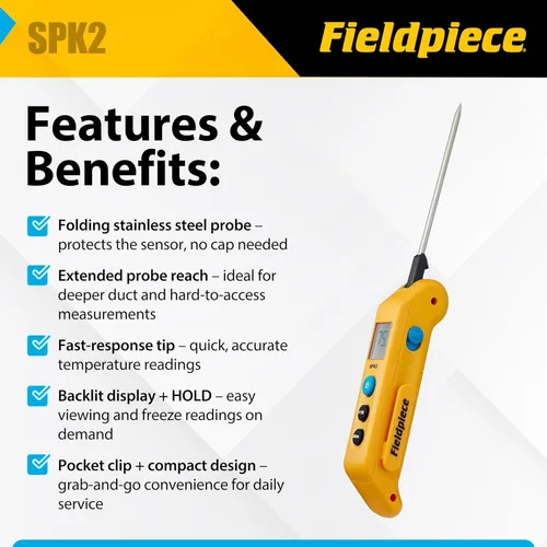 Vista 2 de Fieldpiece SPK2 termómetro plegable de bolsillo en canal con control Max/Min y sonda de acero inoxidable