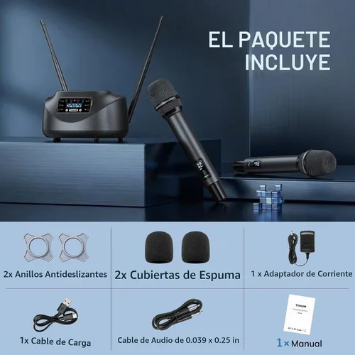 Vista 8 de TONOR Micrófonos inalámbricos Bluetooth, sistema de micrófono inalámbrico UHF recargable para fiestas en casa, doble mano de metal de 260 pies