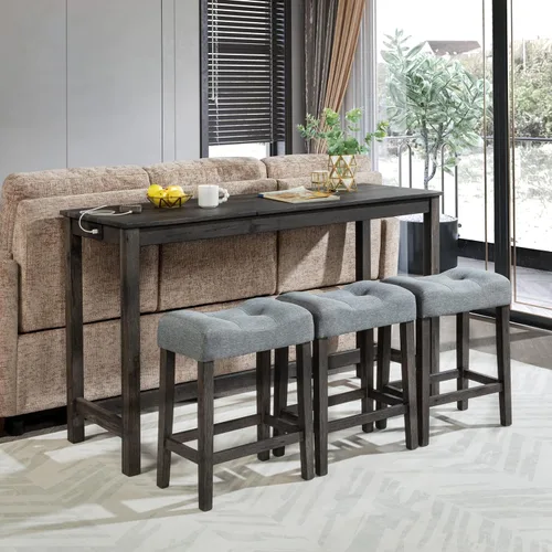 Vista 10 de Juego de mesa y sillas de barra de altura de mostrador de 4 piezas con toma de corriente, mesa de comedor rectangular estrecha con 3 taburetes