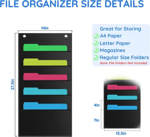 Vista 2 de ZKOO Organizador de archivos de pared colgante de 5 bolsillos para papel tamaño A4/documentos legales/tamaño carta, organizador de correo de pared