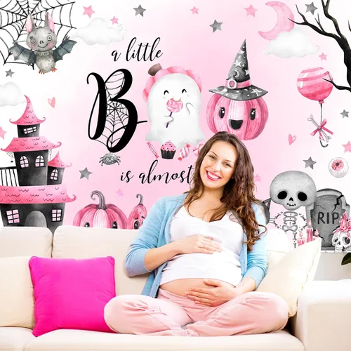 Vista 3 de Avezano A Little Boo is Almost Due - Telón de fondo para niña, 8 x 6 pies, color rosa, decoración de baby shower, fantasma, boo, fondo de fiesta