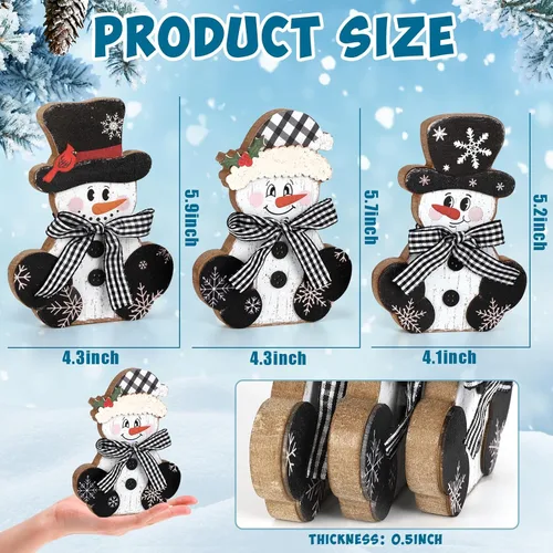 Vista 2 de 3 piezas de centros de mesa de Navidad en madera, decoración rústica de muñeco de nieve para mesa, señales de mesa de Navidad, bloques de decoración