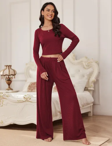 Vista 2 de Ekouaer Conjunto de descanso de 2 piezas para mujer, camiseta corta de punto acanalado, pantalones de pierna ancha con bolsillos S-XXL