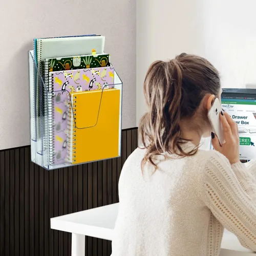 Vista 3 de Acrimet Organizador vertical triple para carpetas de archivos (color cristal transparente) 3 compartimentos para separar y organizar documentos