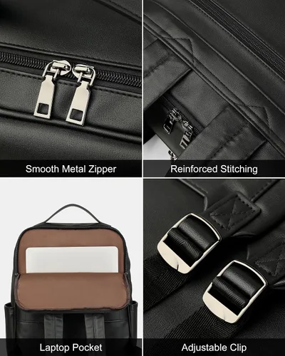Vista 6 de MASINTOR Mochila Bolso de Cuero PU de 15.6 pulgadas para Portátil para Mujeres, Mochila Casual Grande para Universidad, Bolsa de Viaje, Negro