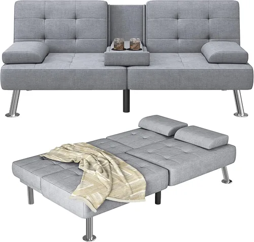 Vista 9 de Furmax Sofá Cama Futón Ajustable Sofá Cama Futón Sleeper para Sala de Estar, Oficina de Negocios, Sofás Reclinables con Portavasos (Cuero PU, Negro)