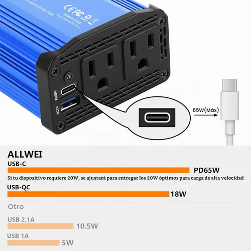 Vista 3 de ALLWEI Inversor de corriente para automóvil de 300 W, convertidor de CC de 12 V a 110 V CA, adaptador de enchufe de automóvil con toma de corriente