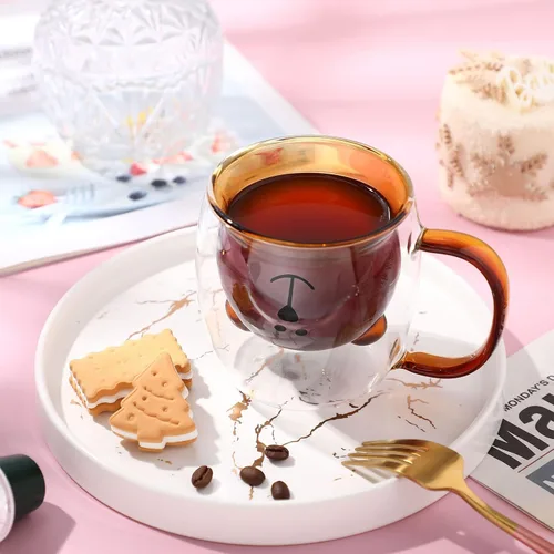 Vista 4 de Patelai Linda Taza de Oso de Té de Pared Doble de Vidrio con Asa Aislada Taza de Café Espresso de Navidad Taza de Cerveza Taza Linda de Cumpleaños