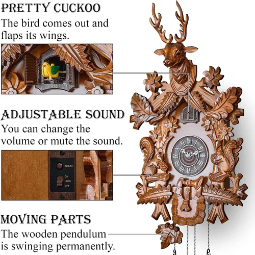 Vista 3 de Reloj de cuco con modo nocturno automático, cabeza de ciervo tallada a mano y decoraciones de madera (marrón)