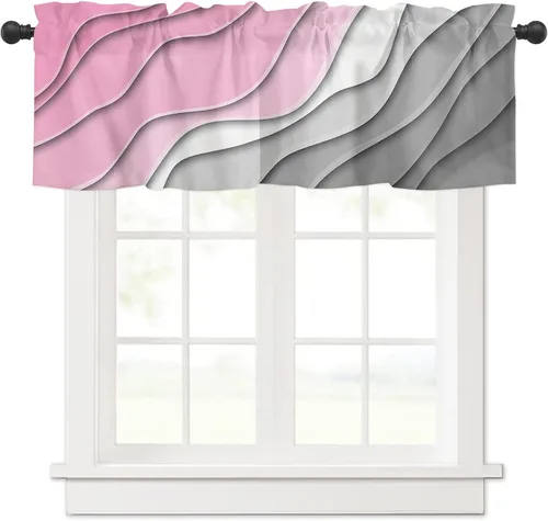 Vista 23 de Cortina de cenefa negra degradada para ventanas de kithchen, negro, blanco, gris, degradado, moderno, abstracto, geométrico, cenefa con bolsillo