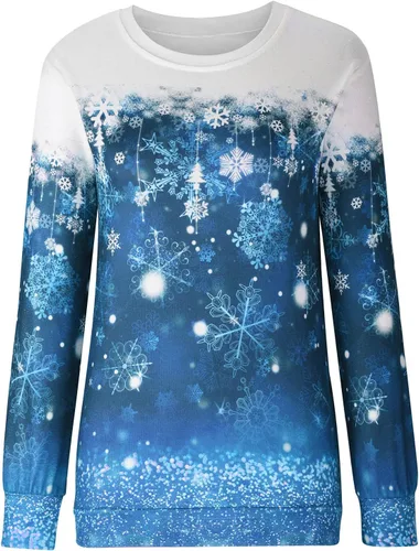 Vista 6 de TUNUSKAT Sudaderas de Navidad para mujer, con estampado de árbol de Navidad, camisas de manga larga, cuello redondo, suéter de Navidad