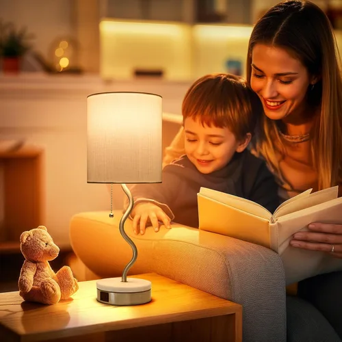 Vista 2 de Lámpara de Mesa con Base de Mármol - Lámpara de Mesita de Noche Moderna con Puerto USB y Cadena de Tracción, Lámpara para Dormitorio, Sala de Estar