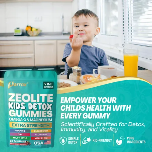 Vista 6 de Gomitas de Zeolita Parrox para Niños, 9-en-1 con Zeolita, Omega-3, Magnesio, Saúco, Vitamina C, Cardo Mariano, Vitamina D3, Zinc, B12 – Sin Azúcar