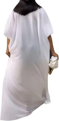 Vista 2 de ENOPINK Vestido de mujer sólido con cuello en V con cordones y manga codo vestido largo con vuelo grande