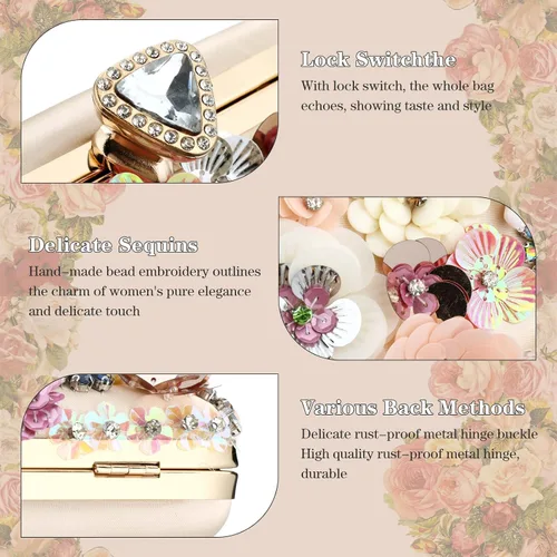 Vista 3 de Bolso de mano de noche floral para mujer con diamantes de imitación de metal con flores para mujer, boda, graduación, fiesta, lentejuelas 3D, bolso