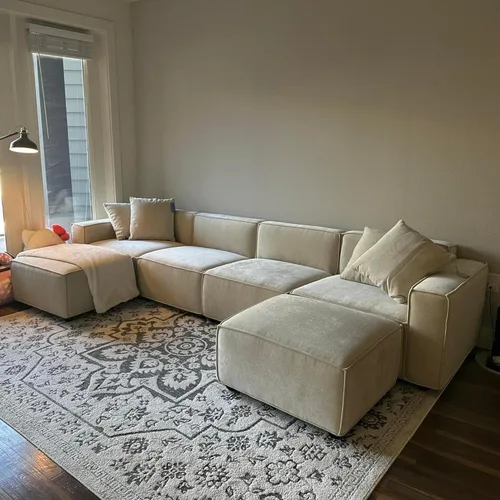 Vista 6 de Acanva Juego de Sofá Seccional Modular de Lujo para Sala de Estar, Sofá de Estilo Moderno Minimalista con Otomana y Chaise, Forma de U, Crema