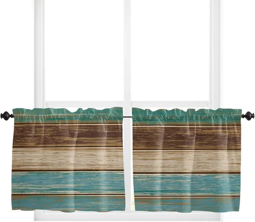 Vista 7 de Juego de 2 paneles de cortina de ventana turquesa turquesa retro de 24 pulgadas de largo, cortinas de cocina con bolsillo para barra, cortinas