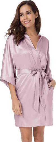 Vista 2 de SIORO - Albornoz de satén para mujer, sedoso kimono, para novia, damas de honor, boda, fiesta, salón, corto, XS-XXL
