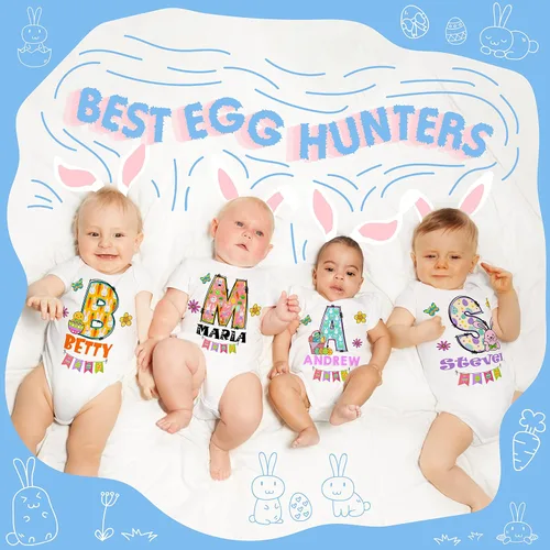 Vista 5 de Regalos personalizados de Pascua para bebés para niños y niñas, 9 diseños únicos, mamelucos unisex con nombre inicial personalizado, ropa infantil