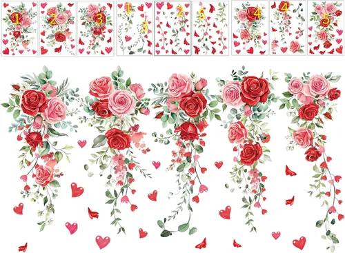 Vista 6 de Whaline 9 hojas de calcomanías florales de San Valentín para ventana, diseño de rosas de primavera, hojas de eucalipto, calcomanías de vidrio