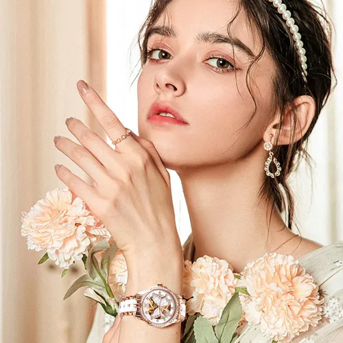 Vista 2 de OLEVS Elegante reloj automático para mujer elegante de cara grande con diamante resistente al agua correa de cerámica de acero inoxidable de dos