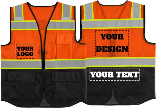 Vista 40 de Chaleco de seguridad reflectante de malla con logotipo personalizado con cremallera Chaleco de alta visibilidad para construcción al aire libre Ropa