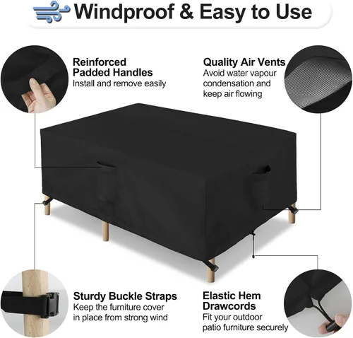 Vista 5 de OutdoorLines Juego de fundas impermeables para muebles de mesa de patio al aire libre, funda rectangular para sofá exterior, resistente a la Negro