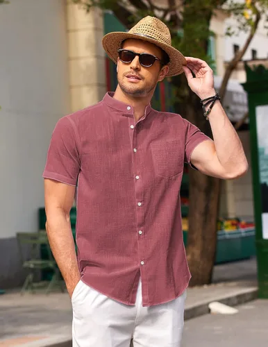 Vista 2 de COOFANDY Camisa de playa con cuello de banda para hombre, camisas de manga corta con botones casuales de lino y algodón
