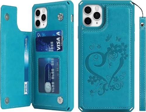 Vista 11 de iCoverCase Funda compatible con iPhone 11 Pro Max con tarjetero para mujer, bloqueo RFID en relieve, piel sintética con correa de muñeca para 11pro