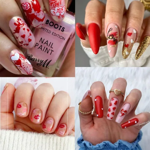 Vista 7 de 8 hojas de calcomanías de arte de uñas para el día de San Valentín, autoadhesivas, 3D, color plateado, rosa, rojo, labios, letras de corazón, diseño
