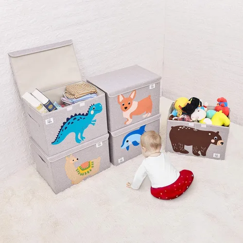 Vista 7 de Cofre plegable grande de juguetes para niños con tapa abatible, organizador de almacenamiento de juguetes de animales de tela plegable, contenedor