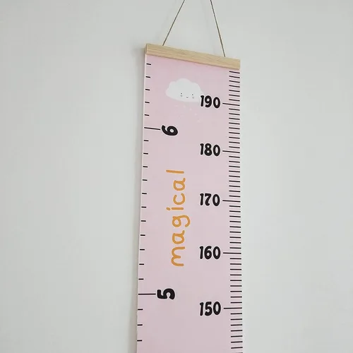 Vista 9 de Tabla de crecimiento para niños, marco de madera, lienzo de tela, regla de medición de altura de bebé a adulto para decoración de habitación