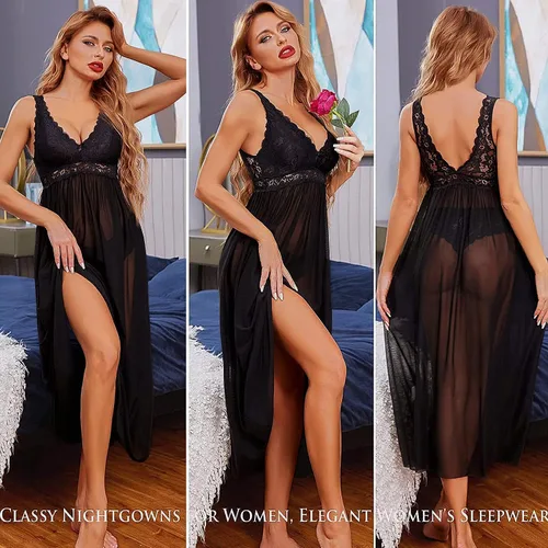 Vista 4 de Avidlove Lencería de encaje para mujer, camisón de malla con cuello en V