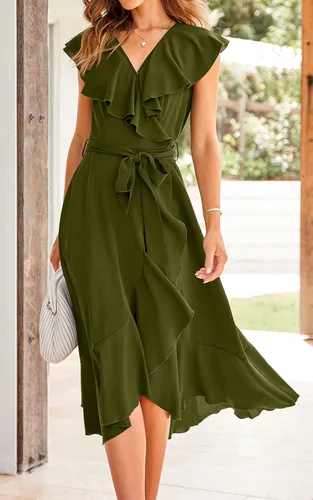 Vista 5 de PRETTYGARDEN - Verano 2024, vestido cruzado por debajo de la rodilla para mujer, con cuello en V profundo, estilo bohemio, floral, manga corta