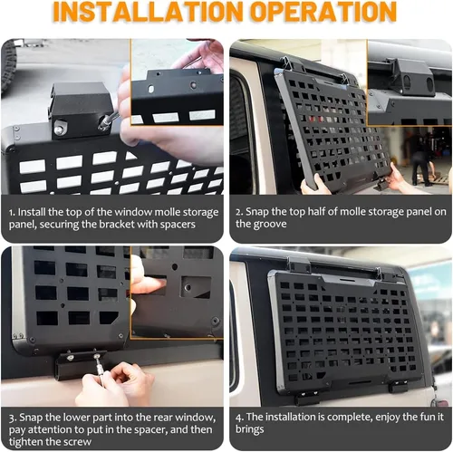 Vista 9 de FURYENGRAVER Kit de panel lateral MOLLE para ventana trasera con almacenamiento, decoración protectora para la ventana trasera para Jeep Wrangler