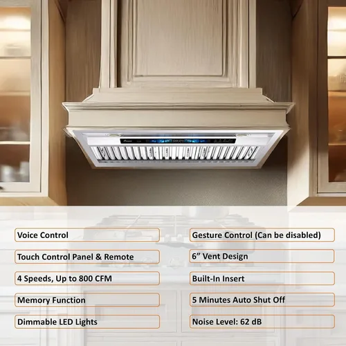 Vista 6 de Awoco Campana extractora de 30 pulgadas, campana de cocina integrada con 800 CFM, control de voz/gestos/táctil, campana de estufa de acero