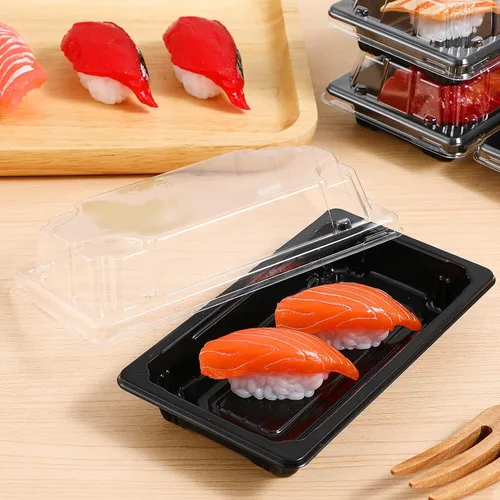 Vista 2 de Cabilock 100 bandejas de sushi con tapas, caja de sushi desechable, contenedor de transporte de pasteles de frutas, cajas para llevar, cajas