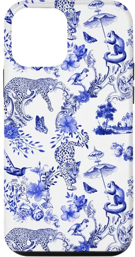 Vista 16 de French Blue Toile Chinoiserie with Flowers, Monkey, Leopards Case for iPhone 17