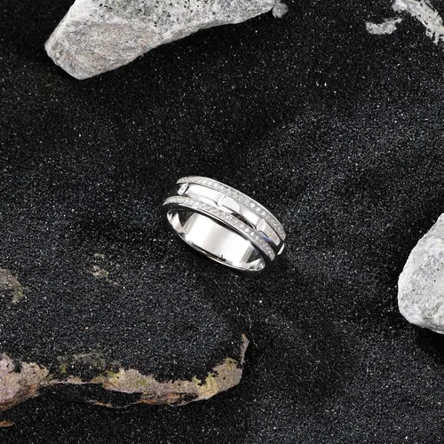 Vista 5 de Anillo de boda de oro blanco para hombre, plata de ley 925 con 13 circonitas cúbicas de corte redondo, anillo de compromiso para él, talla 7-14