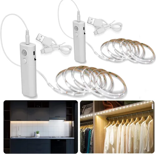 Vista 9 de LUXJET - Luz recargable con sensor de movimiento para armario, tira LED flexible de 1 m con 30 luces LED, sensor PIR y de luz, luz nocturna blanca