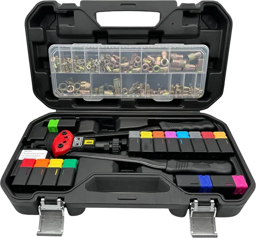 Vista 4 de Kit de tuercas remachadoras de 16 pulgadas, con 15 mandriles métricos y SAE, 236 tuercas de remache surtidas y funda de transporte resistente