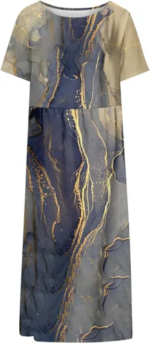 Vista 4 de BDPORKAS Womens Dresses 2023 Casual Loose Crew Neck Floral Print Short Sleeve Dresses Trendy Calf Length Fitted Dress