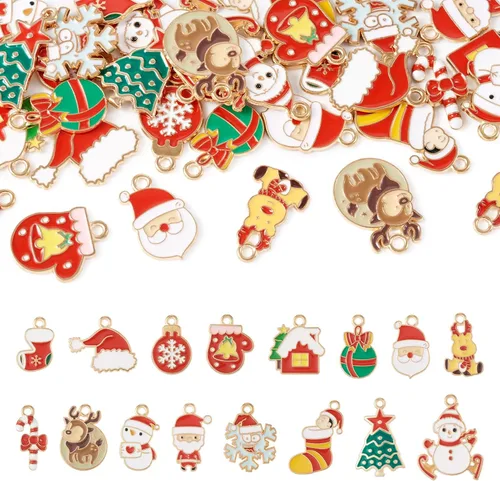 Vista 11 de Cheriswelry Colgantes colgantes de esmalte de aleación de Navidad, dijes de metal, encantadores adornos colgantes para manualidades, pulseras