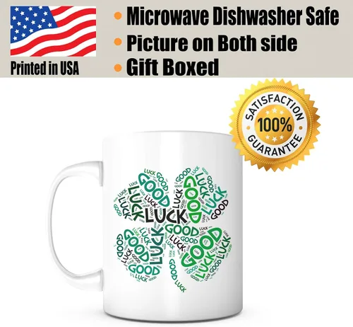 Vista 2 de Taza de cerámica de 4 hojas de trébol para buena suerte de 11 onzas, taza de cumpleaños única para hombres, mujeres, él, ella, día de San Patricio