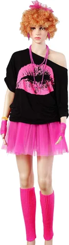 Vista 5 de Blulu 80s Costume Accessories for Women Halloween Outfit Dress Neon Leg Warmers Fishnet Gloves T-shirt Tutu Headband